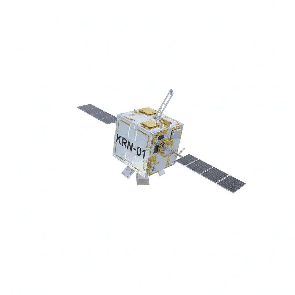 Renderizado del satélite KRN-01 aislado sobre blanco, con su nombre impreso en el cuerpo.