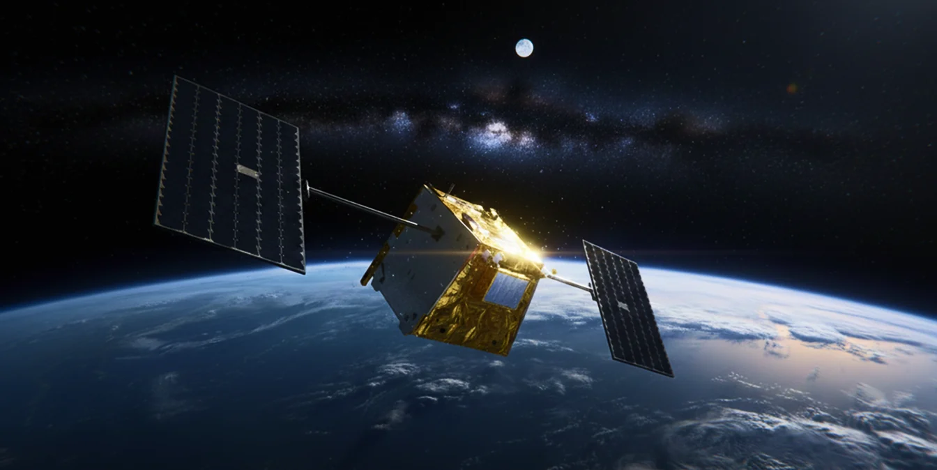 El satélite KRN-01 con los paneles solares desplegados, sobre el limbo de la Tierra.